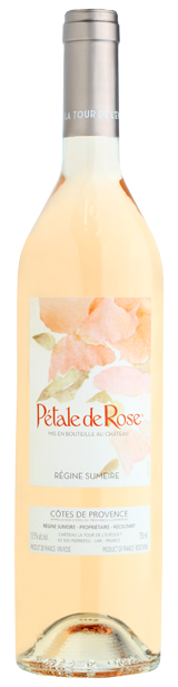 a pink wine bottle with silver cap of le pétale de rose, organic rosé wine of château la tour de l’evêque vineyard, france