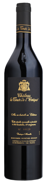 black win bottle with black label and gold letter of le noir et or, organic red wine from château la tour de l’evêque vineyard in Frence
